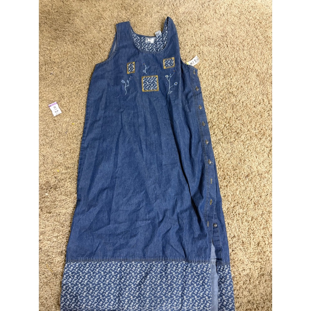 Vintage Carolina Bay Denim Maxi Dress Floral Embroidery Calico Patch Blue Medium